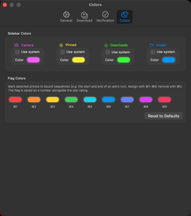 The Colors settings tab