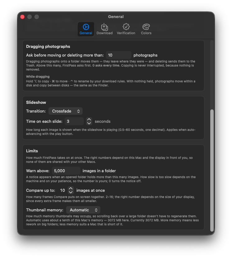 The General settings tab, lower half