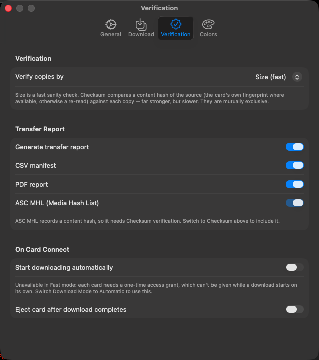 Verification settings: size check or full content checksum, with automatic re-copying